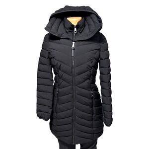 DKNY Womens Black Chevron Quilted Hooded Puffer Parka Jacket Water Resistant SP